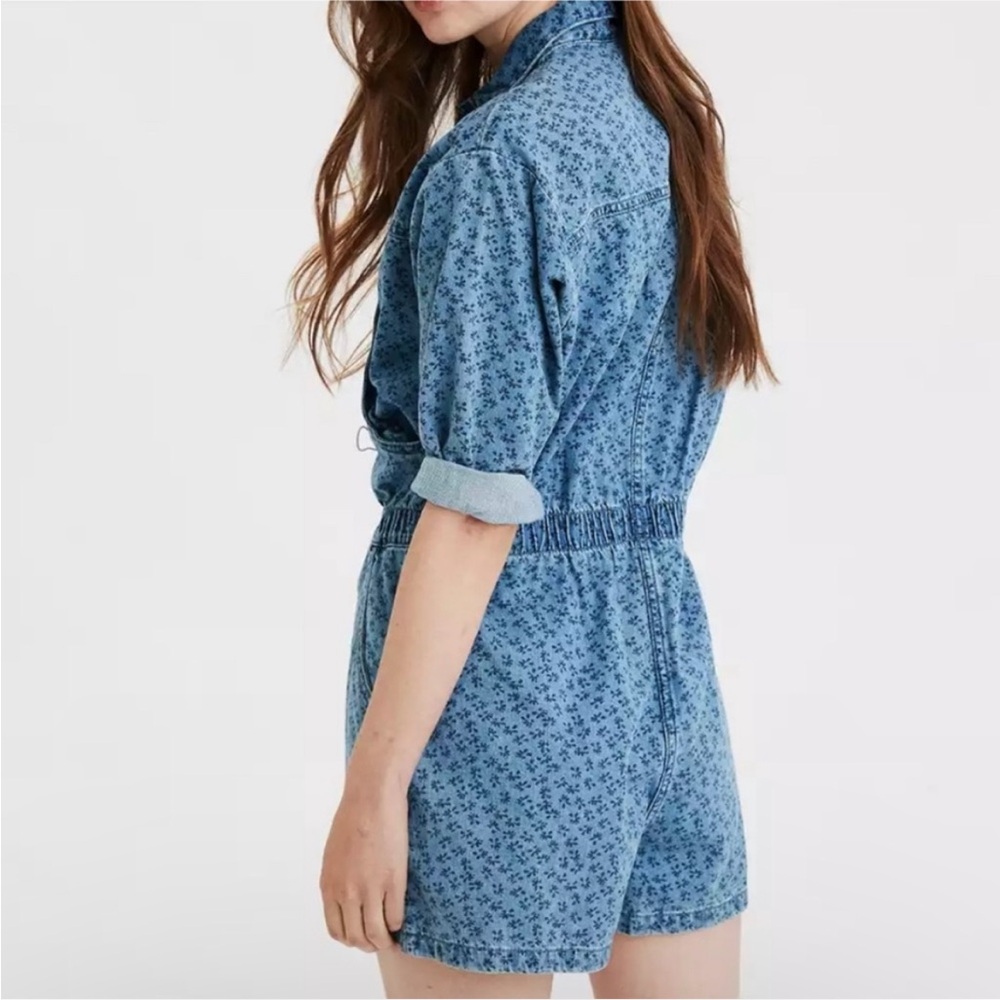American Eagle Floral Print Denim Short Coverall Blue Romper Snap Button XL Tall